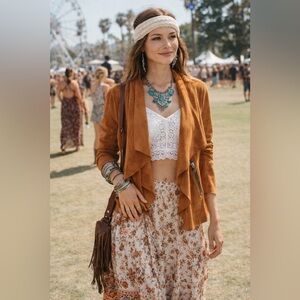 Bagatelle Faux Suede Waterfall Drape Jacket Brown Zip Pocket Size Small Festival